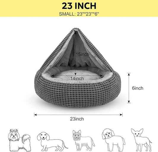 SIWA MARY Small Dog Bed with Attached Blanket, Cozy Donut Cuddler Anti-Anxiety Hooded Pet Beds Calming Cave Bed. Orthopedic Round Puppy Beds for Dogs or Cats Washable, Anti-Slip Bottom, 23inch