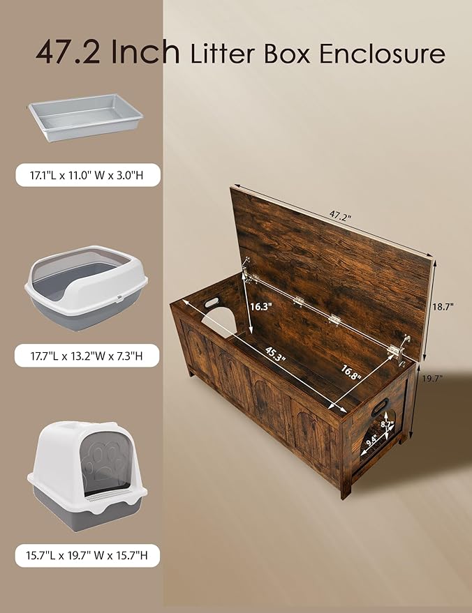 DINZI LVJ Cat Litter Box Enclosure, Flip Top Litter Box Furniture, Hidden Cat Washroom, 2-Entrances Wooden Pet House, 47.2"L x 18.7"W x 19.7"H, End Side Table, TV Stand, Easy Assembly, Rustic Brown