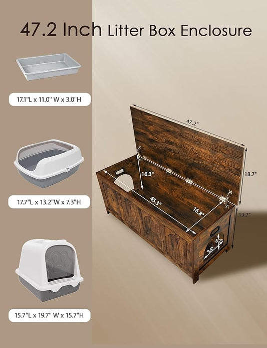 DINZI LVJ Cat Litter Box Enclosure, Flip Top Litter Box Furniture, Hidden Cat Washroom, 2-Entrances Wooden Pet House, 47.2"L x 18.7"W x 19.7"H, End Side Table, TV Stand, Easy Assembly, Rustic Brown