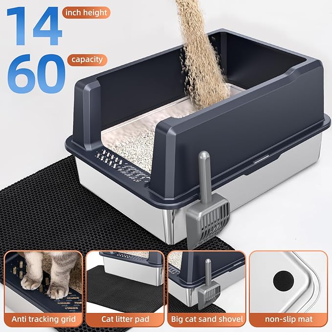 XXXL Extra Large Stainless Steel Litter Box, 28" L x 20" W x 14" H Super Large Stainless Steel Litter Box, Suitable for Large Cats and Multiple Cats, Non-Sticky, Anti-Leakage, Easy to Clean