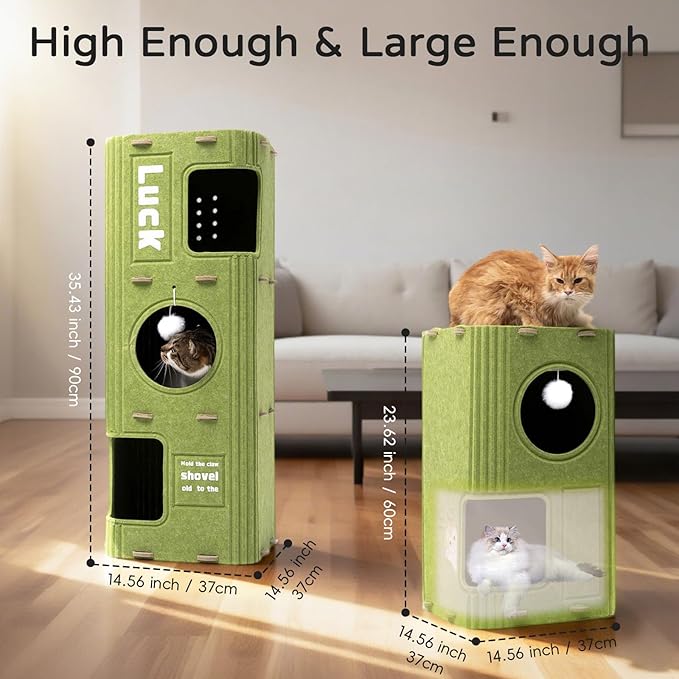 3 Stories Cat Bed for Indoor Cats, Cute and Fashionable Cat House Cave for Multiple Cats, Cozy Felt and Scratch Resistant Cat Condo with Dangling Balls.