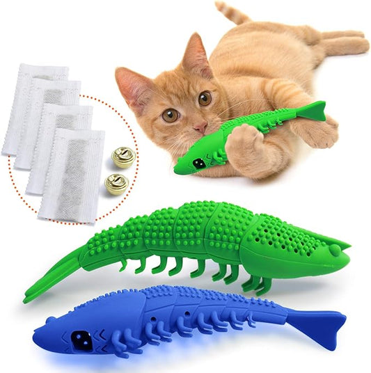 Ronton Catnip Toy - Durable Hard Rubber - Cat Dental Care, Cat Interactive Toothbrush Chew Toy (2 Pack Green & Blue (Shrimp))