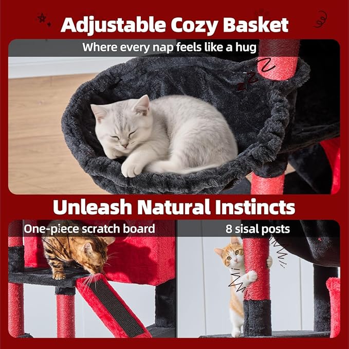 Taoqimiao Cat Tree 71-Inch, Cat Tower for Indoor Cats Large Adult, Multi-Level Large Cat Condo, 8 Sisal Scratching Posts, Metal Frame Cozy Hammock, Scratch Board, 2 Top Perches, Jelly Pink MS026LP