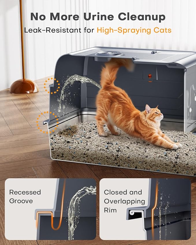 PetGenie® 2025 XXXL Stainless Steel Cat Litter Box (152L) - Leak-Proof for High Pee Cats, 180° Flip Top Lid & 3-in-1 Modes, Fits Maine Coon/Multi-Cat Homes w/Metal Scoop & Charcoal Filter
