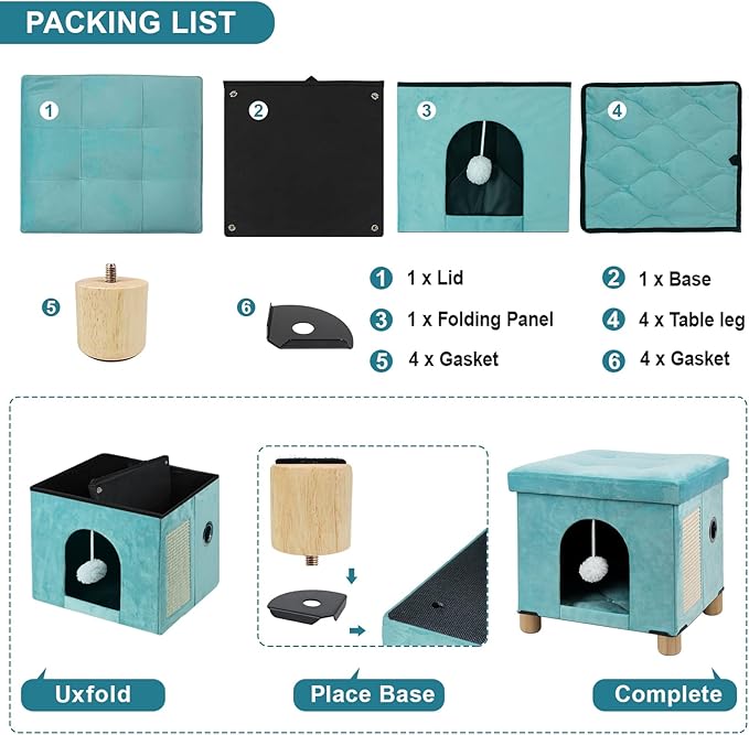 BRIAN & DANY Cat House for Indoor Cats, Cat Cave Bed for Pet, Cat Cube with Cat Scratch Board & Cat Ball, 14.7" x 14.1” x 12.7”, Green