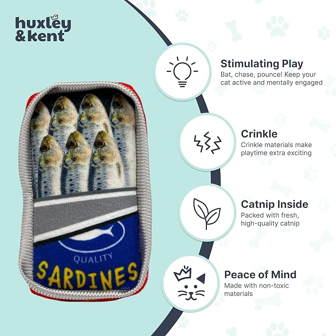 Huxley & Kent Plush Cat Toy - Interactive Catnip Toy for Cats & Kittens - Soft with Crinkle & Catnip - Fun Indoor Play - Sardine Tin