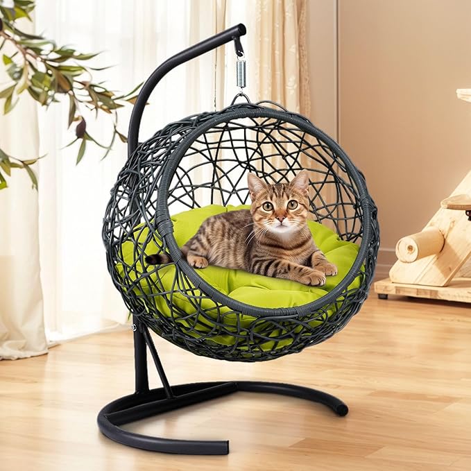 KEIKI Cat Hammock with Stand - Rattan Wicker Swing Bed, Cozy Egg Chair for Cats & Small Dogs, Green Cushion Included
