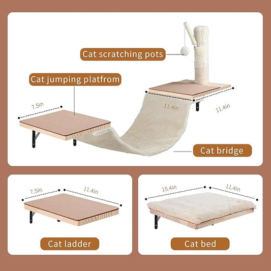 Wall Mounted Cat Climber Set, Cat Wall Shelves,Cat Wall Furniture Set,with Hammock,Jumping Boards,Sofa,Steps,Scratching Post,Hanging Ball and Felt Pads, Suit for Cats Climb, Jump,Scratch-Beige