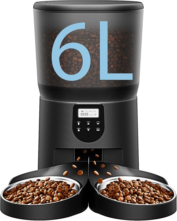 Automatic Cat Feeders for 2Cats, 6L/25cup Automatic Cat Food Dispenser with 2 Stainless Pet Bowls,10s Meal Call Timer Setting 20 Portions 6Meals Per Day, Timed Pet Feeder for Cats Dog Indoor Dry Food