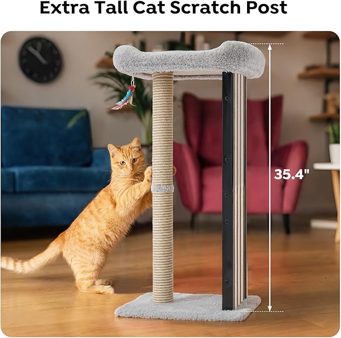 Veehoo 35" Tall Cat Scratching Post for Indoor Cats Adult, Sturdy Cat Scratch Pad with Replaceable Metal Frame Scratching Board, Large Scratch Post with Plush Top Bed