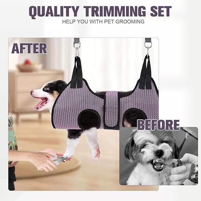 PAWCHIE Dog Grooming Hammock Harness for Dogs & Cats with Pet Nail Clipper Trimmer- Breathable Cat Hanger Sling for Trimming Clipping Nails-Dog Hammock Restraint Bag for Small Medium Large Dog, Pink S