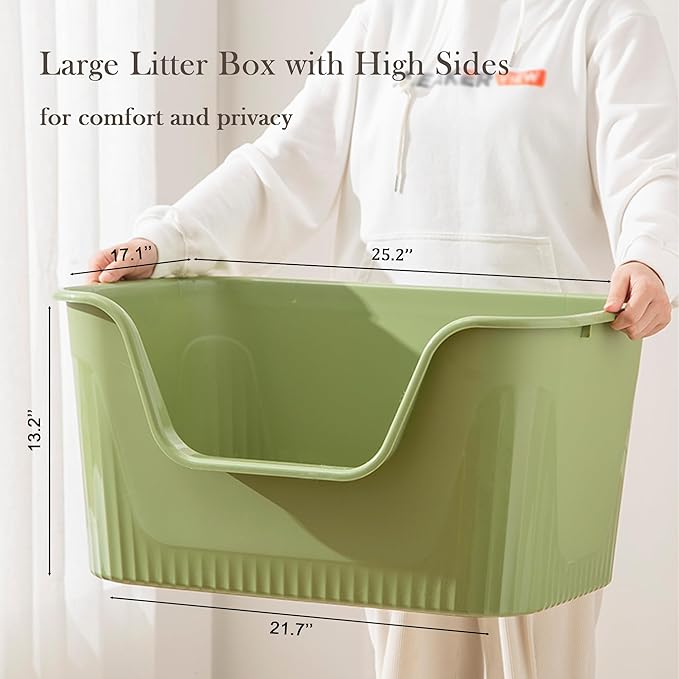 Vealind Extra Large Litter Box with High Sides, XL Litter Boxes for Big Cats, High Sided Litter Pan, Leak-Proof & Anti-Splashing, Easy Clean & Durable (25” * 17” * 13” Green)