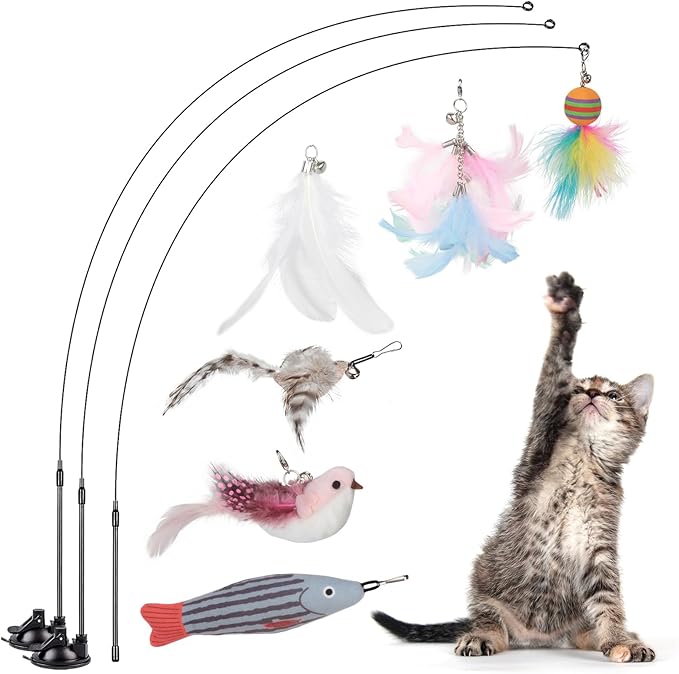 Cat Feather Toys, Interactive Cat Toy for Indoor Cats,Cat Wand Toys with 2 Suction Cup and 3 Wands, 3 in 1 Cat Toys for Bored Cats, Kitten Toy with Balls and Birds