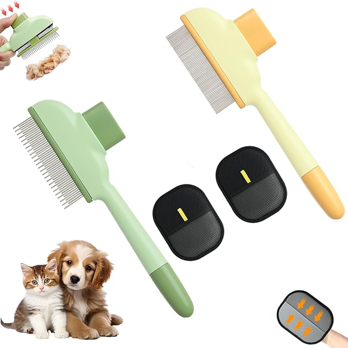 2 Pet Hair Removal Gloves, 2 Flea Combs for Cats and Dog，Reusable Electrostatic Gloves and Long & Short Flea Combs, 4 PCS pet hair removal tools