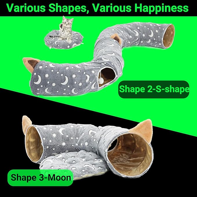 LUCKITTY Cat Tunnel Bed Tube with Cushion and Plush Ball Toy Playground Crinkle Collapsible Self-Luminous Flannel Fabric 3FT for Large Cats Kittens Kitty Small Animals Puppy Grey Moon Star