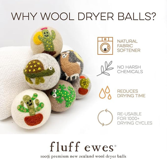 Fluff Ewes Wool Dryer Balls 6 Pack Premium New Zealand Wool Laundry Balls for Dryer, No Static Dryer Balls Laundry Reusable, XL Wool Dryer Balls Cute, Baby Dryer Balls for Dryers - Kiss My Cactus