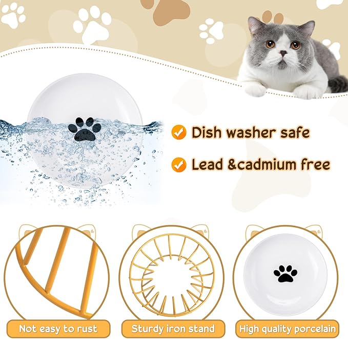 Roshtia 4 Sets Elevated Cat Bowls Ceramic Raised Cat Food Bowls with Metal Stand Dishwasher Safe Dishes Non Slip Elevated Food Plate(Gold,Paw)