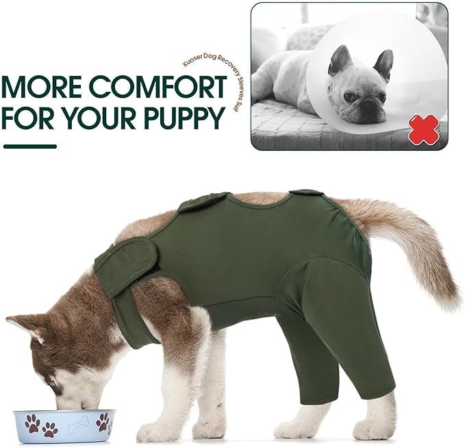 Kuoser Thigh Wound Protective Sleeve for Dogs, Dog Surgery Recovery Suit for Rear Legs, Dog Recovery Sleeve for Female Male Dogs, Dog Onesie After Surgery Pet Surgical Suit for Spay Neuter, Green XL