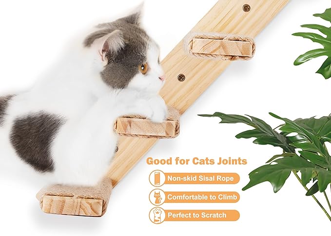 Cat Wall Climbing Shelf, 2 pcs Cat Wall Climber, 4 Step Climbing Stairs, Wall-Mounted Ladder with Sisal Scratching Rope, Perfect Wall Furniture for Perching (CatStairs2P4Steps)