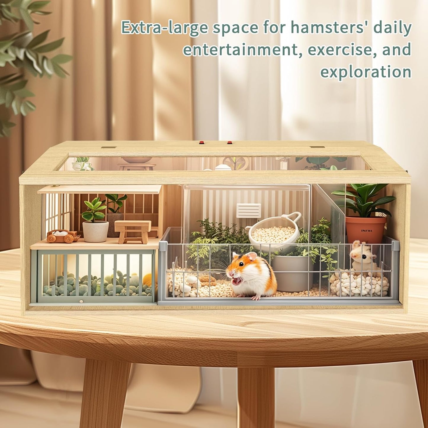 Large Hamster Cage 48", Top Opening Lockable Roof, Gerbil Cage with Ventilation Window, Dwarf Hamster Cages and Habitats, Chewproof Syrian Hamster Habitat Enclosure, (Wooden, 48" L x 20" W x 20" H)