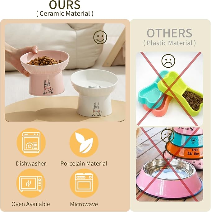 OMAYKEY 6.5 Inch Extra Wide Ceramic Raised Cat Bowls, Porcelain Tilted Elevated Cat Food Water Bowl Dish, Stress Free Pet Feeder Dishes for Cats & Small Dogs, Whisker Fatigue, White & Pink