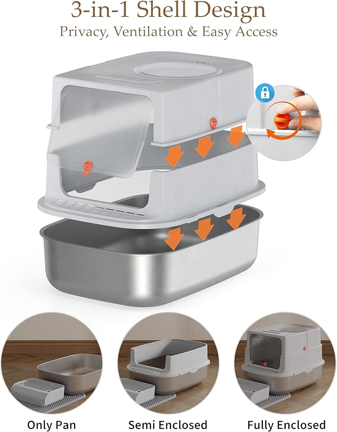 Stainless Steel Litter Box with Lid, Extra Large Enclosed Cat Litter Box for Big Cats, Anti-Leakage Metal Kitty Box with High Sided Enclosure, Scoop, Pedal & Non-Slip Mat, Easy to Clean