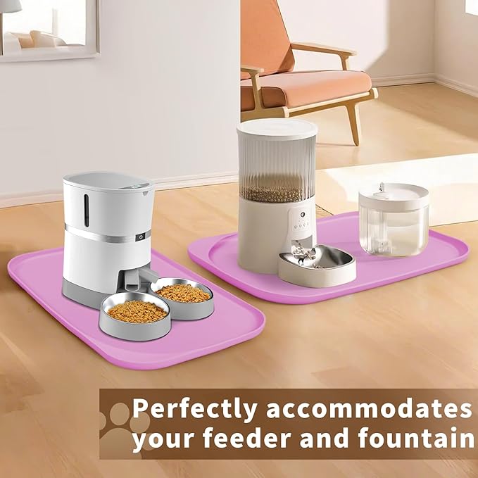 Silicone Pet Feeding Mat with Raised Edge & Residue Collection Pocket for Food and Water, Dog Bowl Mats, Cat Bowls Placemat with High Lip for Floor Waterproof, 24 x 16 x 0.8 Pink