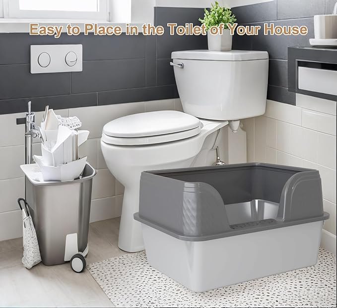 Enclosed Stainless Steel Cat Litter Box with Lid Large Litter Box for Big Cats XL Metal Litter Pan Tray with High Sides Scoop & Litter Mat Inside, Non-Sticky, Anti Leakage(Grey, XL)