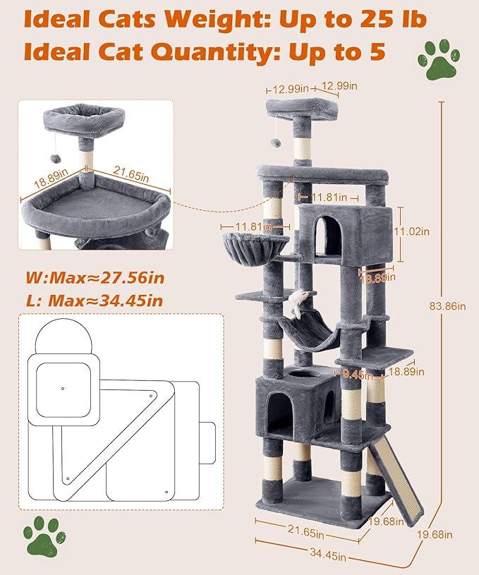AMHANCIBLE Large Cat Tree, 83 Inch Multi-Level Tall Tower for Indoor Adult Cats, with Scratching Post and Board, Hammock, Condos, Hanging Basket, Activity Center to Play and Sleep, Grey, PT21GY