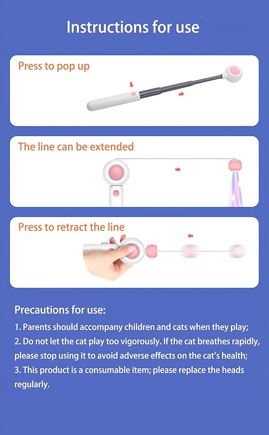 Interactive Cat Toys — Semi-Automatic Retractable Wand Toy and 2 Extra Feather Toy Refills, for Indoor Cats to Chase, Play, and Exercise
