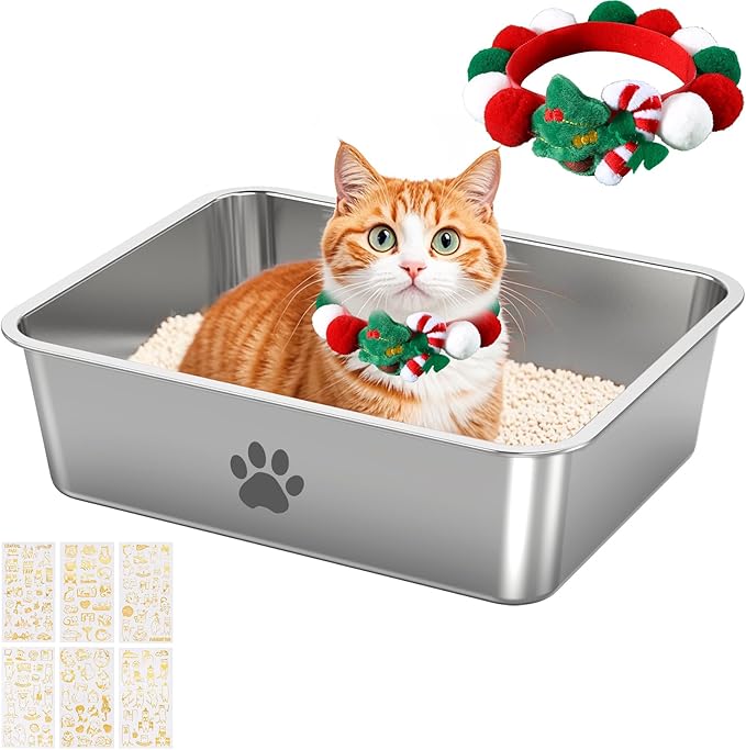 Stainless Steel Cat Litter Box, Metal 6inch High Sided Cat Litter Pan, Indoor Litter Tray, Large Cat Litter Box, Pet Toilet Supplies for Cats, Rabbits, Easy Clean, Non Stick, No Smell (L)
