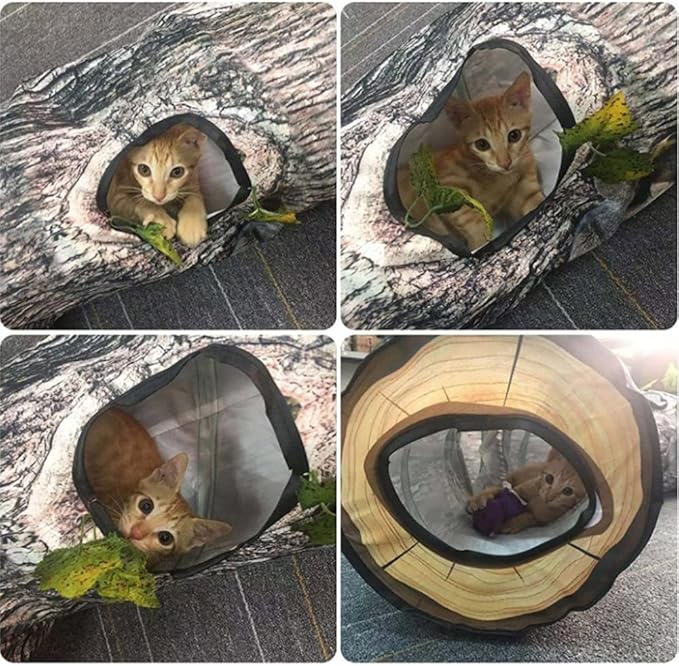 Cat Tunnels for Indoor Cats - Interactive Tree Trunk Cat Activity Play Tunnels with Peek Holes, Collapsible Pet Tube Puzzle Hunt Chase Training Center Toys for Kitten, Ferret, Small Animals