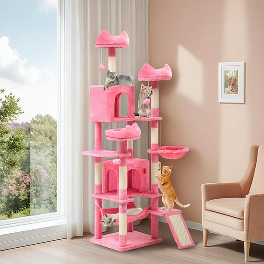 YITAHOME 75-Inch Tall Cat Tree Indoor: Multi-Level Kitten Tower with Kitty Condos, Top Perches, Sisal Ramp, Scratching Posts & Cozy Basket Hammocks Pet Play House Pink