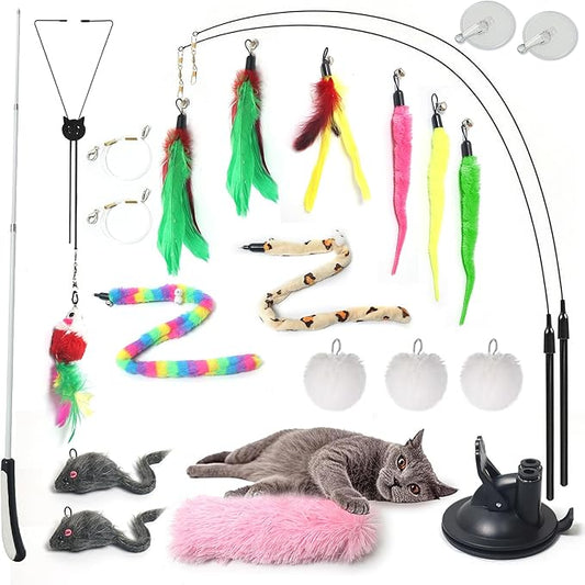 4-in-1 Interactive Cat Toy for Indoor Cats – Retractable Cat Wand, 2-Pole Suction Cup, Catnip Pillow, 14+ Accessories – Self-Play & Interactive Cat Feather Toys with Safe Durable Materials