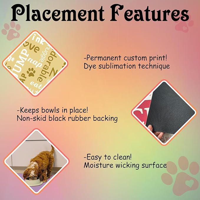 Personalized Dog Cat Feeding Mat Custom Pet Food Mat Waterproof Non-Slip Customized Puppy Name Photo Placemat Dish Rug Floor Protector Gifts for Pets Lover Pattern 6