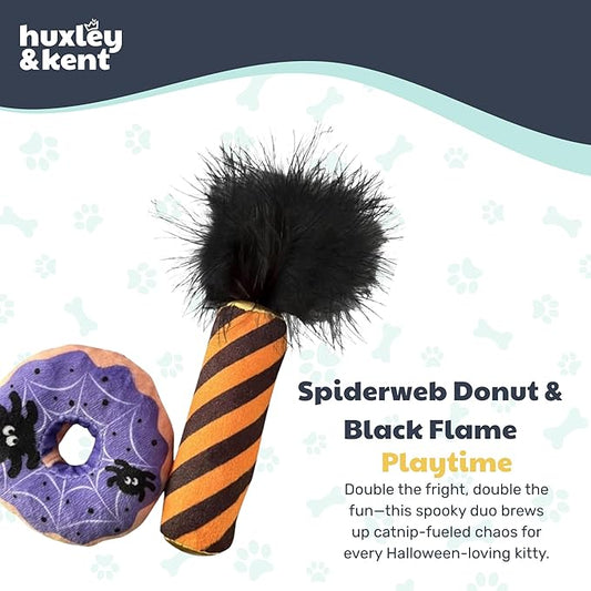 Huxley & Kent Plush Cat Toy - Halloween Interactive Catnip Toy for Cats & Kittens - Soft with Crinkle & Catnip - Fun Indoor Play - Spiderweb Donut & Black Flame 2pk