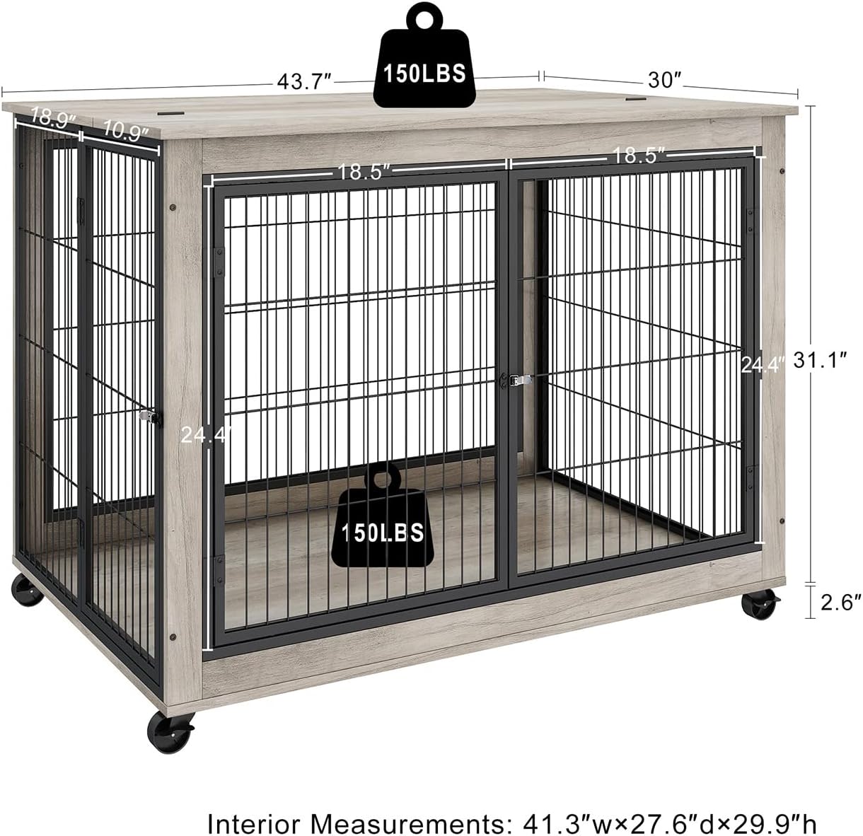 IchbinGo Dog Crate Furniture, Wooden Dog Crate Table, 43.7" Dog Kennel with 3 Doors, Flip-up Top Opening and Wheels, Decorative Pet Crate House for Large/Medium/Small Dog Indoor Use(Rustic Grey)
