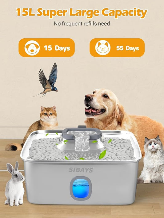SIBAYS 4Gal/15L Large Dog Water Fountain, Stainless Steel Pet Fountain with Water Window & LED Light, Ultra Quiet Automatic Dog Water Bowl Dispenser for Large Dogs & Multi-pet, Easy to Clean(FS76)