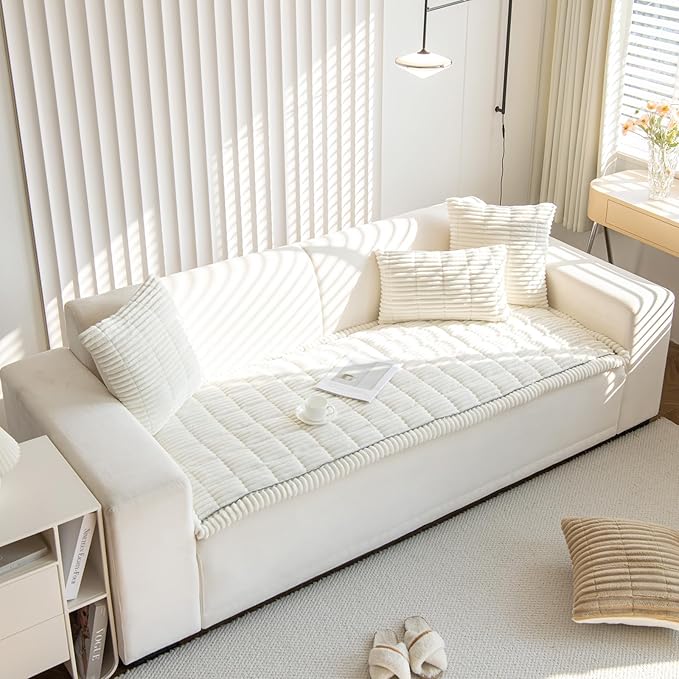 Faux Fur Plush Dog Couch Cover 3D Stripe Fuzzy Sofa Cover Non-Slip Fluffy Dog Bed Cover Pet Blanket Sofa Couch Furniture Protector for Puppy Large Dog Cat (Cream,31"x70")