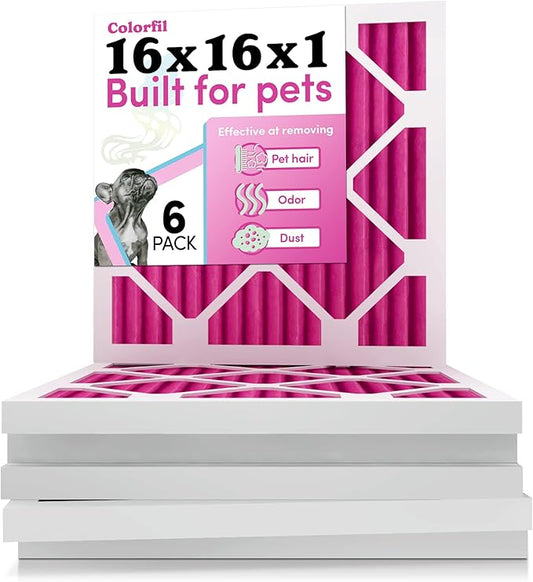 16x16x1 Air Filter by Colorfil | Color Changing Filters for Cat and Dog Odor | MERV 8 Furnace AC Filter for Pet Hair and Dust | 15.75"x15.75"x0.75" Exact Size | Pack of 6
