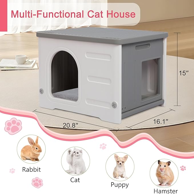 Plastic Cat House Outdoor & Indoor, Waterproof Feral Cat Houses with Escape Door, Sturdy Outdoor Cat House with Bed Mat, Outside Cat Shelter for Small Pet, Assemble and Clean Easily-Grey