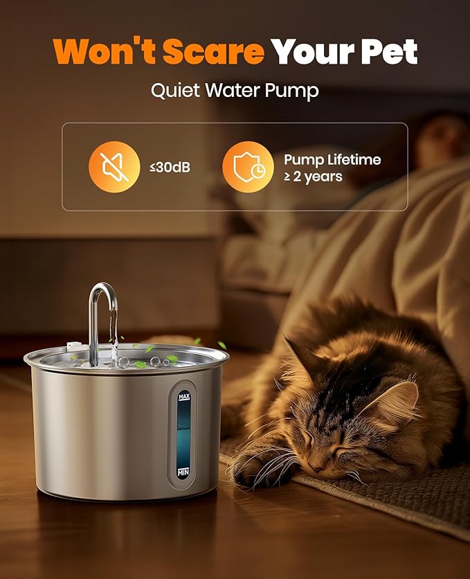 oneisall Stainless Steel Cat Water Fountain, 2L Water Fountains for Cats Indoor with Quiet Pump and 3 Replacement Filters, Pet Water Fountain Faucet Spout Design Cat Fountain Drinking Inside, PWF 001