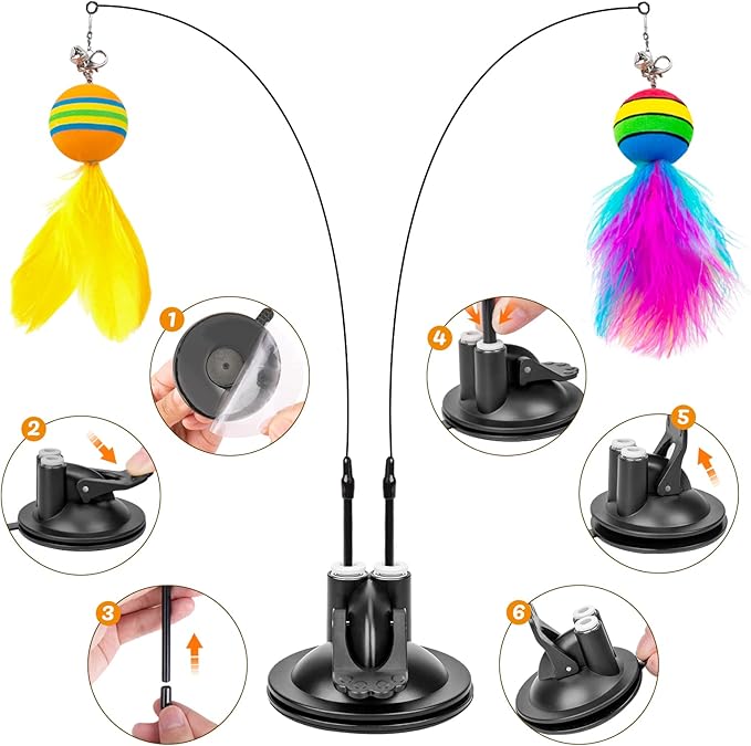 Cat Toys Wand, Interactive Cat Toy with Super Suction Cup Sticky Detachable 12 PCS Feather Replacements 2 Wands Cat Spring Feather Toys for Indoor Cats Kitten Toys (9 Toys Double Headed)