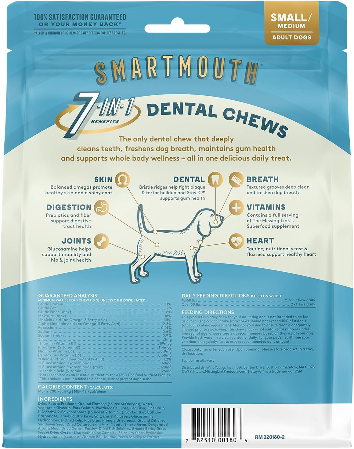The Missing Link Smartmouth Vet Developed Dental Chew Treats, 7-in-1 Benefits: Healthy Teeth & Gums, Breath, Skin, Joints, Digestion, Heart, Immune System – Small/Medium 15-50lb Dogs, 28 Ct