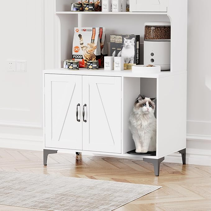 Large Cat Litter Box Enclosure Furniture with 3 Open Shelves and Storage Cabinet, Farmhouse Cat House Washroom with Scratch Pad, Modern Wood Pet House Side End Table for Livingroom Bedroom