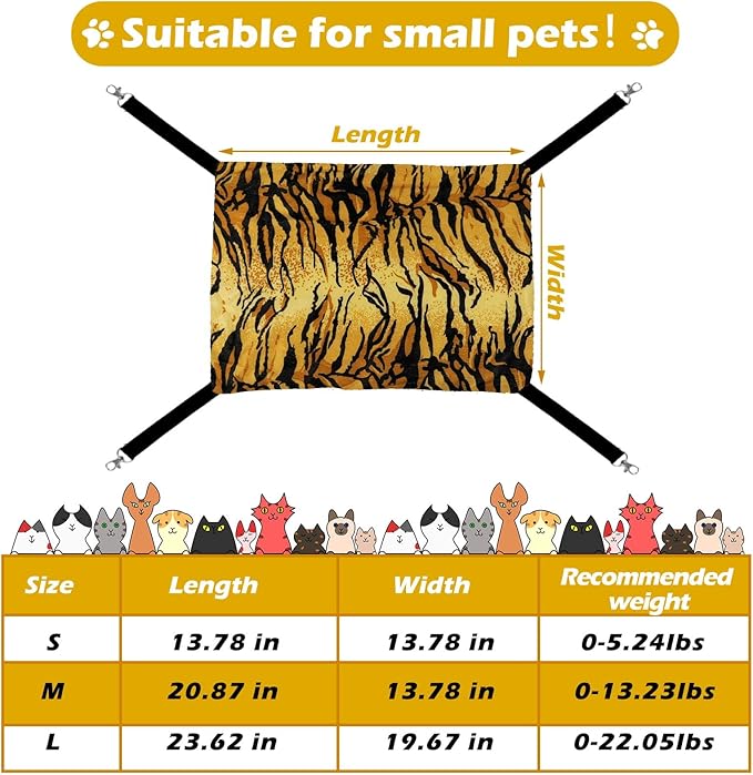 2 Pieces Reversible Cat Hanging Hammock Soft Breathable Pet Cage Hammock with Adjustable Straps and Metal Hooks Double Sided Hanging Bed for Small Dogs Rabbits(Zebra, Tiger Stripes,M)