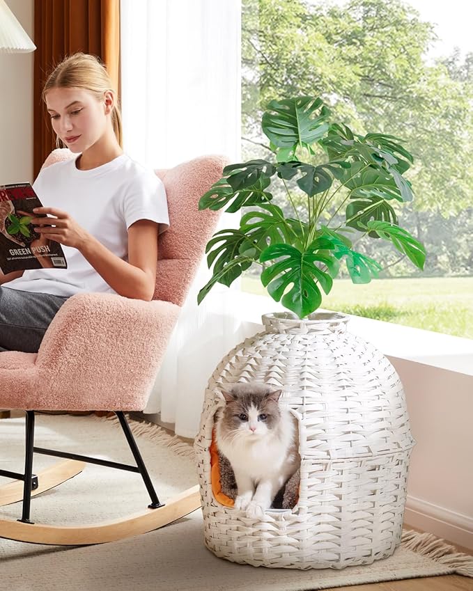 Cat Litter Box Plant Enclosure, Hidden Handwoven Rattan with Cat Litter Box Furniture and Artificial Plants, Odor Control Filter, Real Stones in Living Room, Bedroom, Corner (White)
