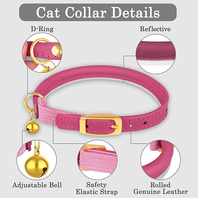 OOPSDOGGY Rolled Leather Cat Collar with Bell - Reflective Kitten Collar with Safety Elastic Strap - Adjustable Small Pet Collars for Boy Girl Cats (Fuchsia)