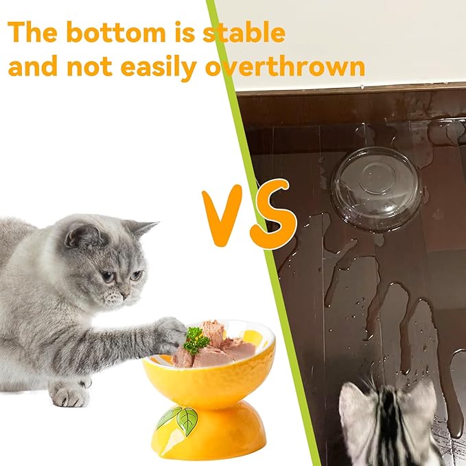Hamiledyi Ceramic Raised Cat Bowl 5In Elevated Wide Cat Bowl for Food and Water Anti Vomiting Tilted Pet Feeder Dish for Indoor Cats and Small Dogs(Lemon)