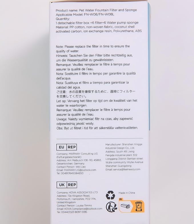 6 Pack Cat Water Fountain Filter & 6 Pack Pump Filter Sponges Replacement for [FN-W08L] and [FN-W06] - 6 Filters+1 ABS Shell+6 Sponges